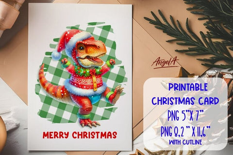 Printable Christmas card templates, dancing cute dinosaur Sublimation Angelina Semenova 