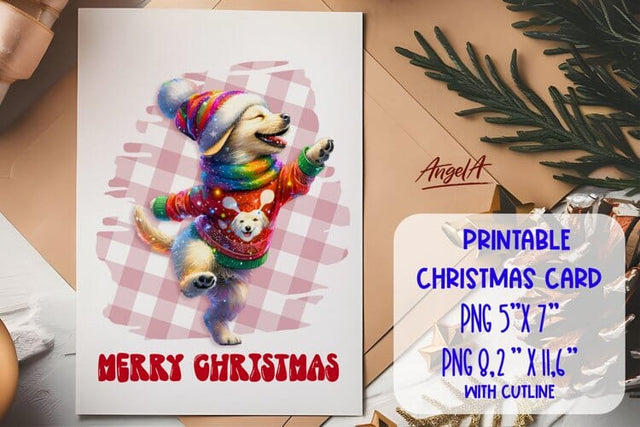 Printable Christmas card templates, dancing cute dog PNG Sublimation Angelina Semenova 