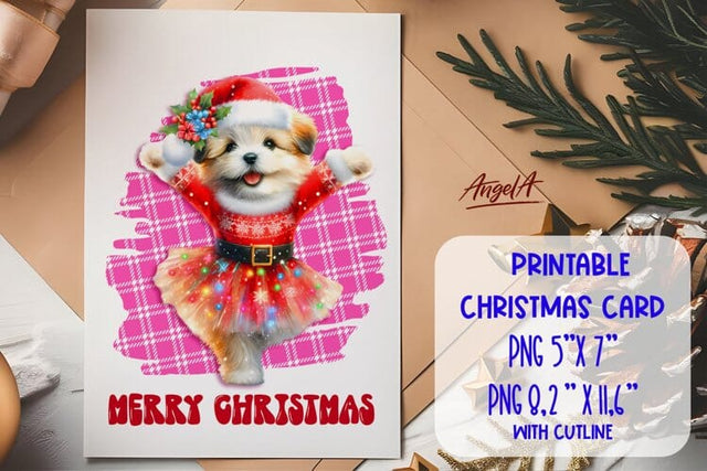 Printable Christmas card templates, dancing cute dog PNG Sublimation Angelina Semenova 