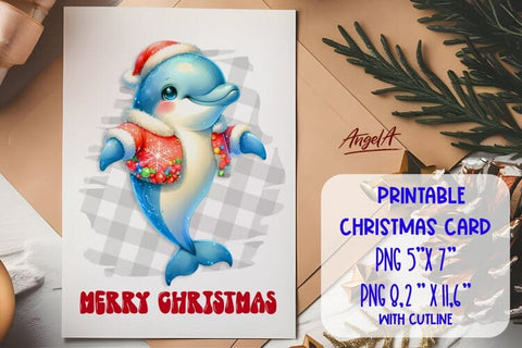 Printable Christmas card templates, dancing cute dolphin PNG Sublimation Angelina Semenova 