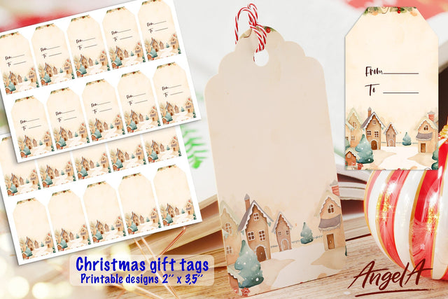 Printable Christmas gift tag, watercolor winter background Sublimation Angelina Semenova 