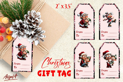 Printable Christmas gift tags, elderly lady Santa hat Elf Sublimation Angelina Semenova 