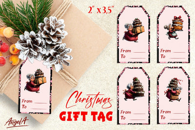 Printable Christmas gift tags, elderly old lady with cake Sublimation Angelina Semenova 