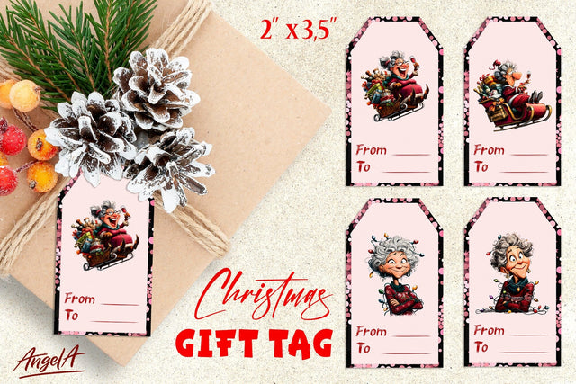 Printable Christmas gift tags, funny elderly old lady PNG Sublimation Angelina Semenova 