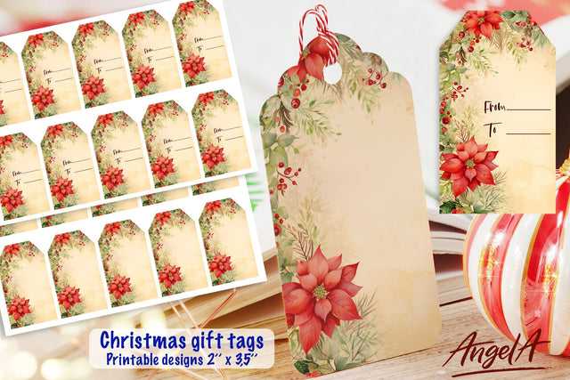 Printable Christmas gift tags, holly leaves, papyrus PNG Sublimation Angelina Semenova 