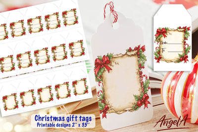 Printable Christmas gift tags, holly leaves, papyrus PNG Sublimation Angelina Semenova 