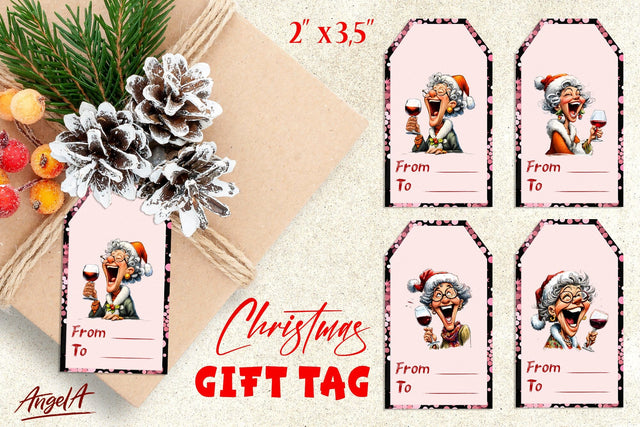 Printable Christmas gift tags, laughing elderly old lady PNG Sublimation Angelina Semenova 