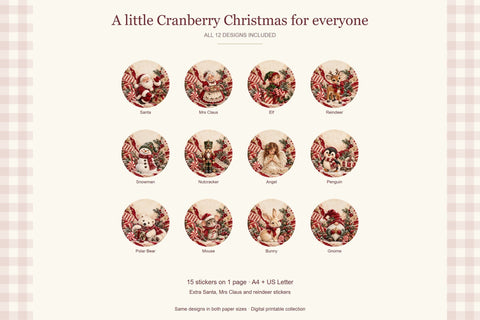 Printable Christmas Round Stickers - Cranberry Christmas Sublimation BijouBay 