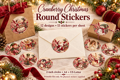 Printable Christmas Round Stickers - Cranberry Christmas Sublimation BijouBay 