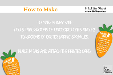 Printable Easter Bunny Bait Digital Paper Cards | Kid Favor Activity Digital Pattern Fine Purple Elephant Creations 