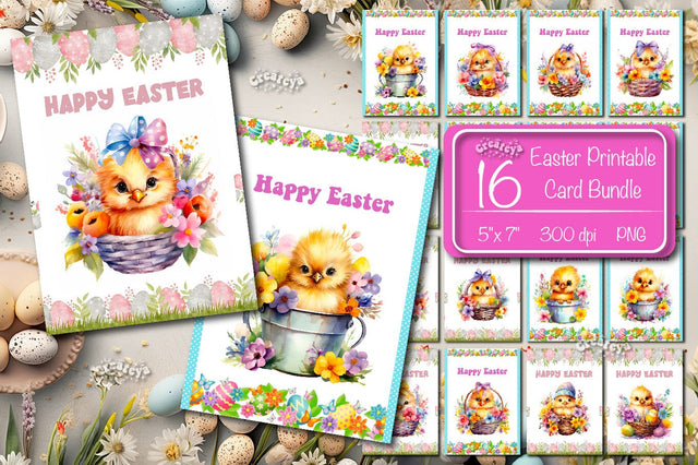 Printable Easter card Bundle Watercolor Easter Chick postcard Sublimation Createya Design 