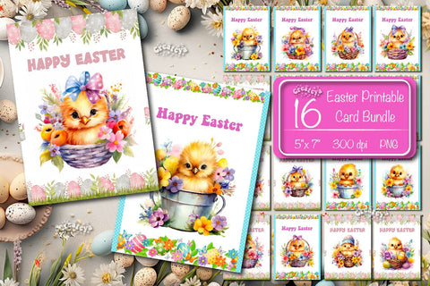 Printable Easter card Bundle Watercolor Easter Chick postcard Sublimation Createya Design 