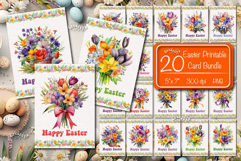 Printable Easter card Bundle Watercolor flower postcard Sublimation Createya Design 