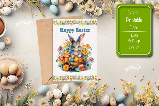 Printable Easter card Watercolor Easter Bunny postcard Kids Easter Sublimation Createya Design 