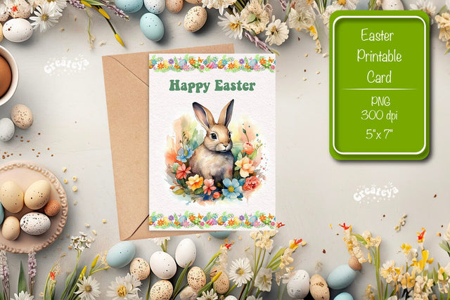 Printable Easter card Watercolor Easter Bunny postcard Kids Easter Sublimation Createya Design 