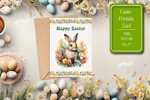 Printable Easter card Watercolor Easter Bunny postcard Kids Easter Sublimation Createya Design 