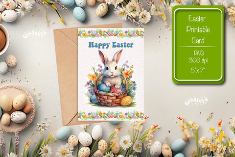 Printable Easter card Watercolor Easter Bunny postcard Kids Easter Sublimation Createya Design 
