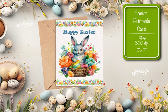 Printable Easter card Watercolor Easter Bunny postcard Kids Easter Sublimation Createya Design 