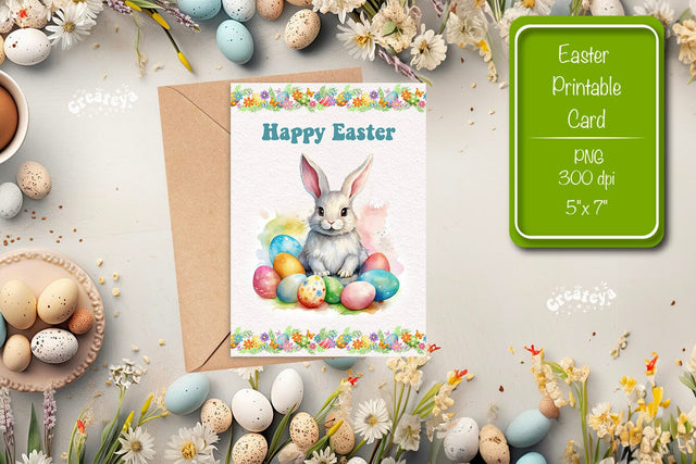 Printable Easter card Watercolor Easter Bunny postcard Kids Easter Sublimation Createya Design 