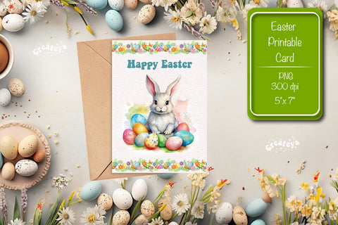 Printable Easter card Watercolor Easter Bunny postcard Kids Easter Sublimation Createya Design 