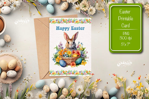 Printable Easter card Watercolor Easter Bunny postcard Kids Easter Sublimation Createya Design 