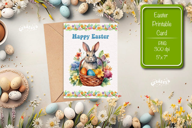 Printable Easter card Watercolor Easter Bunny postcard Kids Easter Sublimation Createya Design 