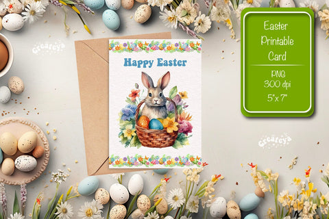 Printable Easter card Watercolor Easter Bunny postcard Kids Easter Sublimation Createya Design 