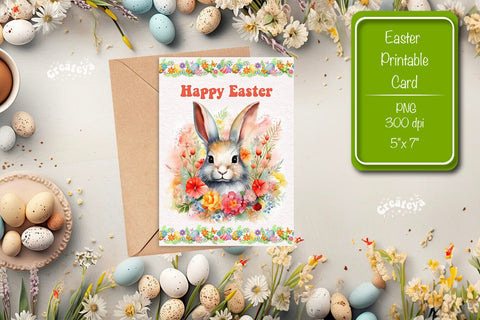 Printable Easter card Watercolor Easter Bunny postcard Kids Easter Sublimation Createya Design 