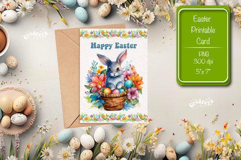 Printable Easter card Watercolor Easter Bunny postcard Kids Easter Sublimation Createya Design 