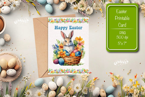 Printable Easter card Watercolor Easter Bunny postcard Kids Easter Sublimation Createya Design 