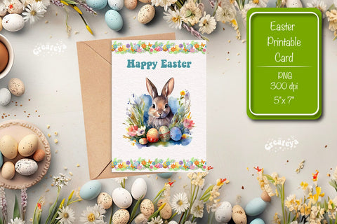 Printable Easter card Watercolor Easter Bunny postcard Kids Easter Sublimation Createya Design 