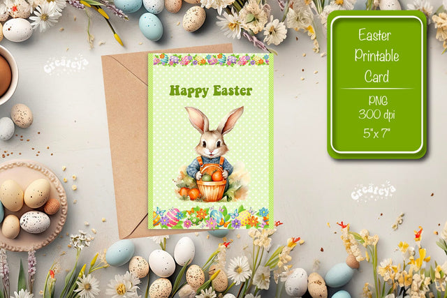 Printable Easter card Watercolor Easter Bunny postcard Sublimation Createya Design 