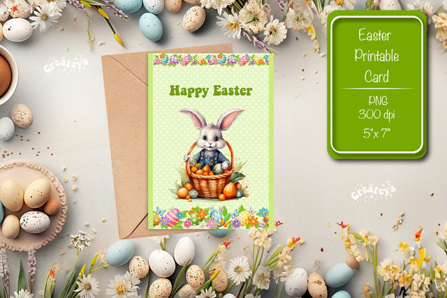 Printable Easter card Watercolor Easter Bunny postcard Sublimation Createya Design 