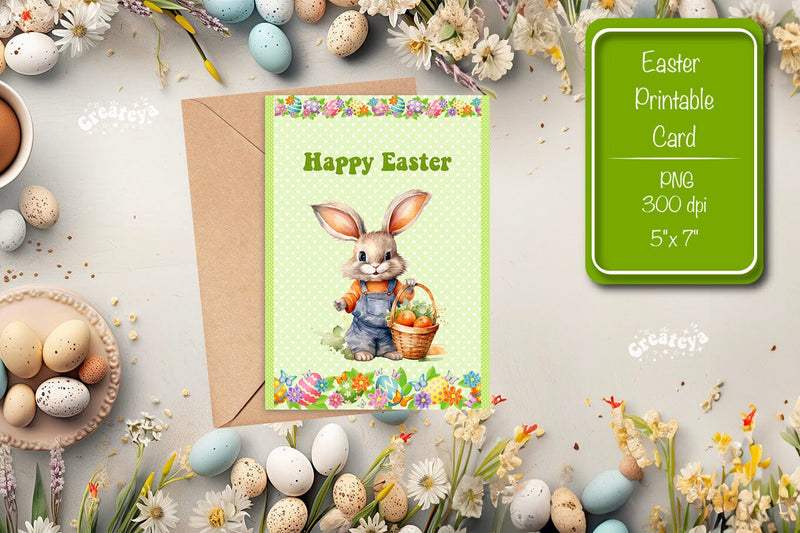 Printable Easter card Watercolor Easter Bunny postcard Sublimation Createya Design 