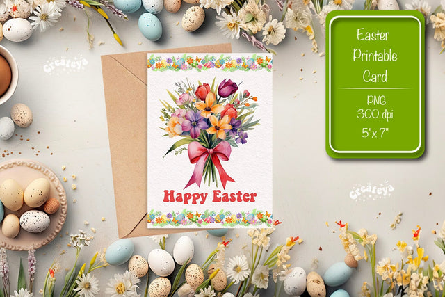 Printable Easter card Watercolor Easter Flowers Spring card Sublimation Createya Design 