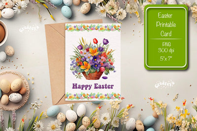 Printable Easter card Watercolor Easter Flowers Spring card Sublimation Createya Design 