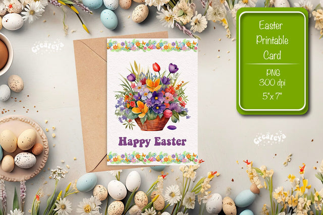 Printable Easter card Watercolor Easter Flowers Spring card Sublimation Createya Design 