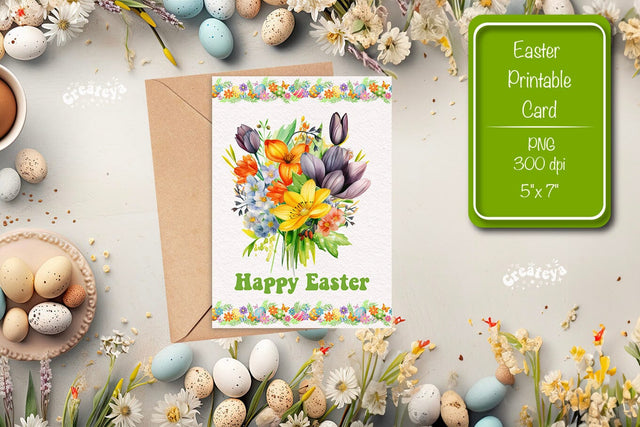 Printable Easter card Watercolor Easter Flowers Spring card Sublimation Createya Design 
