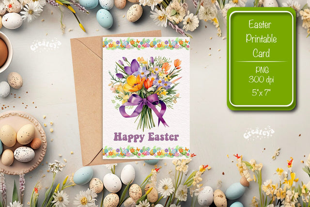 Printable Easter card Watercolor Easter Flowers Spring card Sublimation Createya Design 