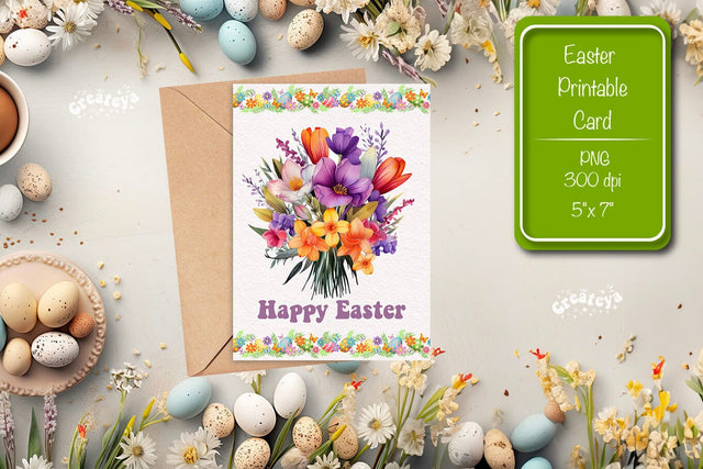 Printable Easter card Watercolor Easter Flowers Spring card Sublimation Createya Design 