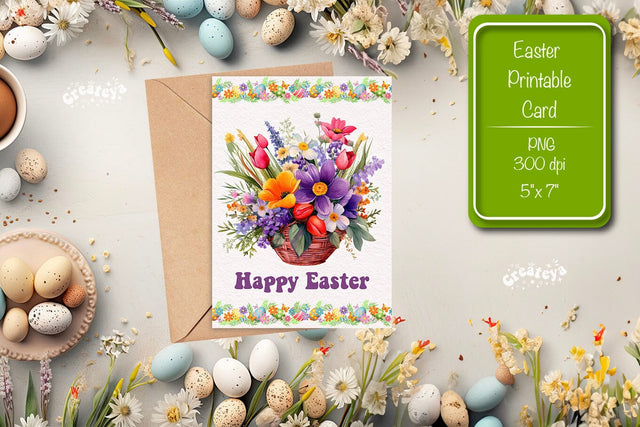 Printable Easter card Watercolor Easter Flowers Spring card Sublimation Createya Design 