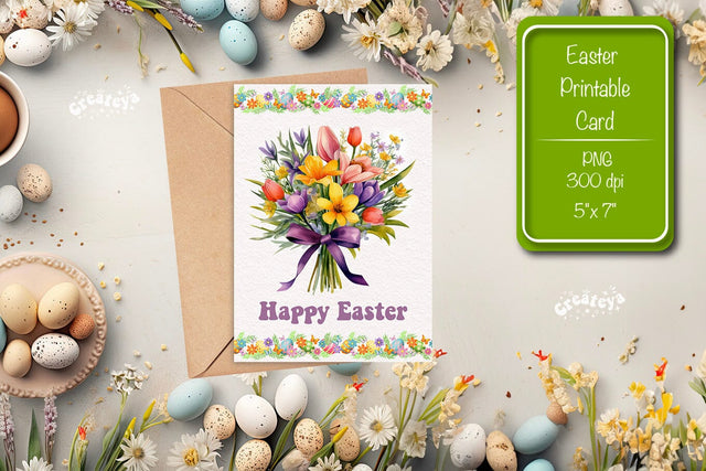 Printable Easter card Watercolor Easter Flowers Spring card Sublimation Createya Design 