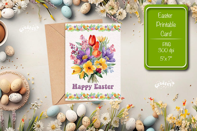 Printable Easter card Watercolor Easter Flowers Spring card Sublimation Createya Design 