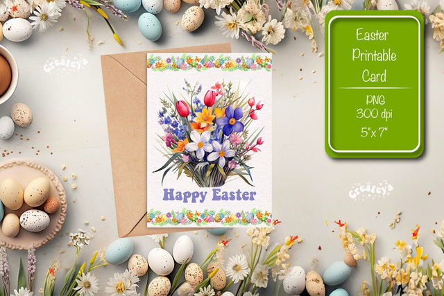Printable Easter card Watercolor Easter Flowers Spring card Sublimation Createya Design 