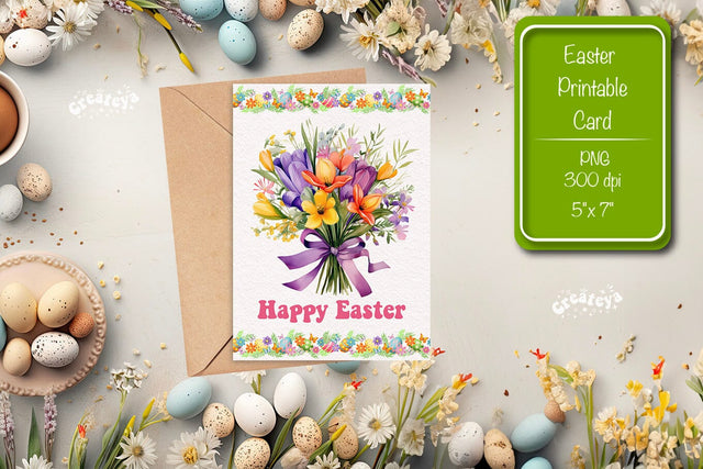 Printable Easter card Watercolor Easter Flowers Spring card Sublimation Createya Design 