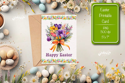 Printable Easter card Watercolor Easter Flowers Spring card Sublimation Createya Design 