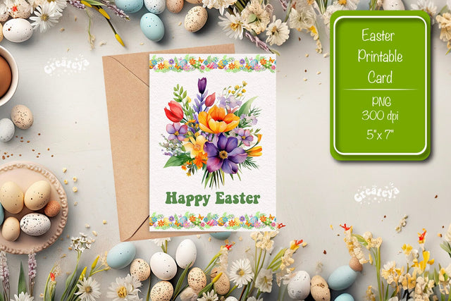 Printable Easter card Watercolor Easter Flowers Spring card Sublimation Createya Design 