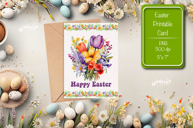 Printable Easter card Watercolor Easter Flowers Spring card Sublimation Createya Design 