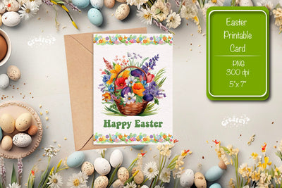 Printable Easter card Watercolor Easter Flowers Spring card Sublimation Createya Design 