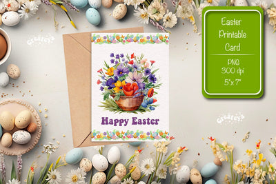 Printable Easter card Watercolor Easter Flowers Spring card Sublimation Createya Design 